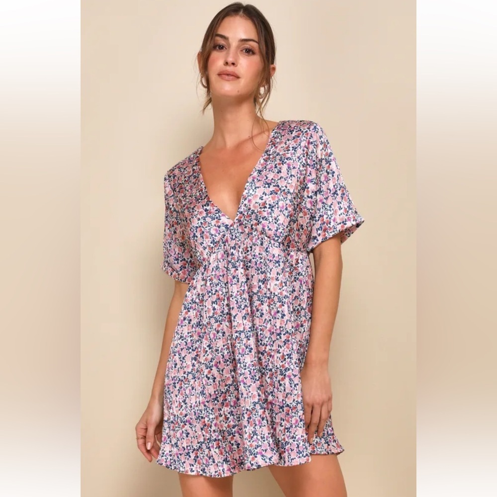 LULUS Blush Pink Floral Print Satin Babydoll Dress Size Large NWT